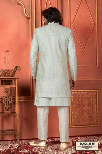 men pista green computer thread work on art silk 3 piece jacket set