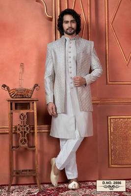men grey computer thread work on art silk 3 piece jacket set 1