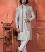 Men grey computer thread work on art silk 3 piece jacket set