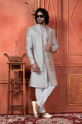 men grey computer thread work on art silk 3 piece jacket set 2