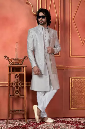 men grey computer thread work on art silk 3 piece jacket set