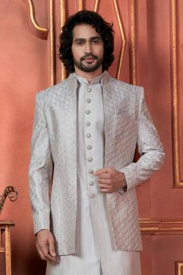 men grey computer thread work on art silk 3 piece jacket set 3