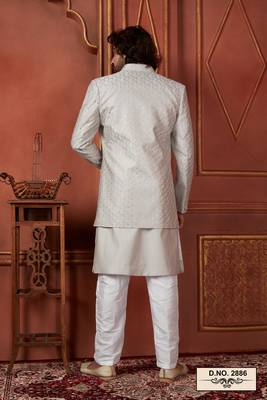 men grey computer thread work on art silk 3 piece jacket set 4