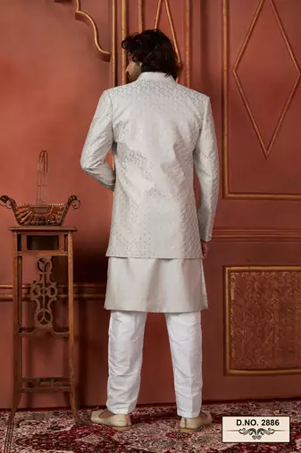 men grey computer thread work on art silk 3 piece jacket set