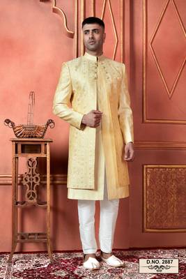 men yellow computer thread work on art silk 3 piece jacket set 1