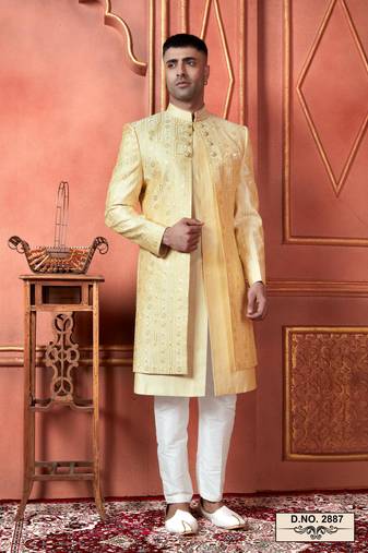 Men yellow computer thread work on art silk 3 piece jacket set