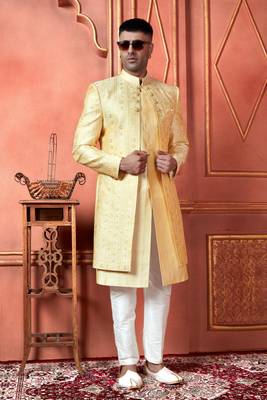 men yellow computer thread work on art silk 3 piece jacket set 2