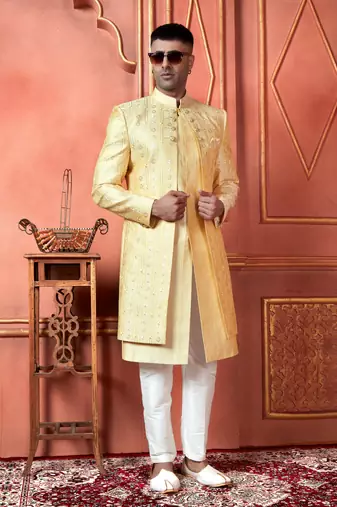 men yellow computer thread work on art silk 3 piece jacket set