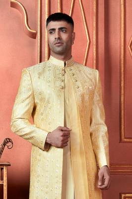 men yellow computer thread work on art silk 3 piece jacket set 3