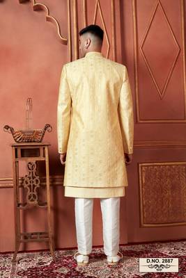 men yellow computer thread work on art silk 3 piece jacket set 4