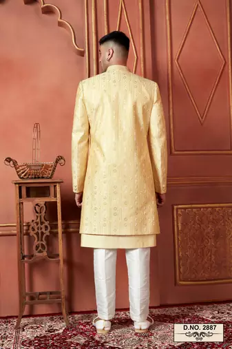 men yellow computer thread work on art silk 3 piece jacket set