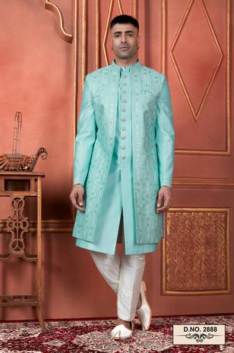Men pista green computer thread work on art silk 3 piece jacket set