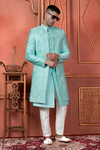 men pista green computer thread work on art silk 3 piece jacket set