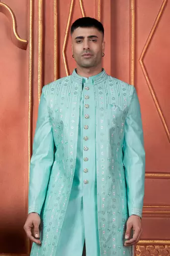 men pista green computer thread work on art silk 3 piece jacket set