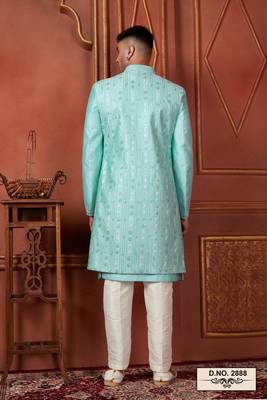 men pista green computer thread work on art silk 3 piece jacket set 4