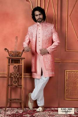 men pink computer thread work on art silk 3 piece jacket set 1