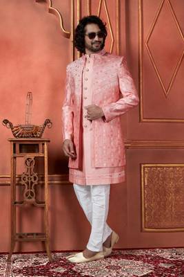 men pink computer thread work on art silk 3 piece jacket set 2