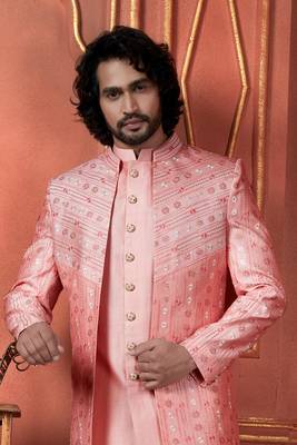 men pink computer thread work on art silk 3 piece jacket set 3