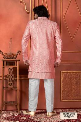 men pink computer thread work on art silk 3 piece jacket set 4