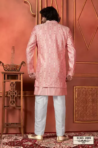 men pink computer thread work on art silk 3 piece jacket set