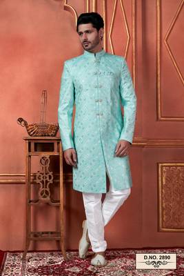 men green computer thread work on art silk sherwani set 1