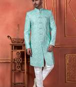 Men green computer thread work on art silk sherwani set