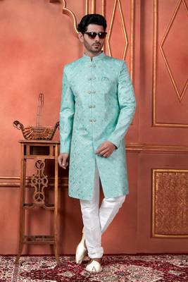 men green computer thread work on art silk sherwani set 2