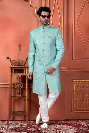 men green computer thread work on art silk sherwani set