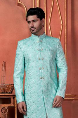 men green computer thread work on art silk sherwani set 3