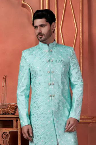 men green computer thread work on art silk sherwani set