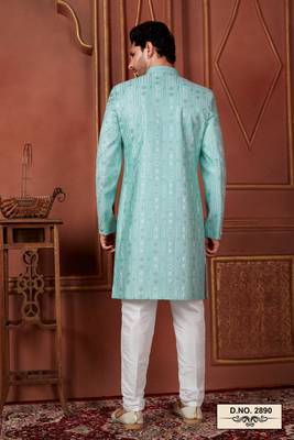 men green computer thread work on art silk sherwani set 4