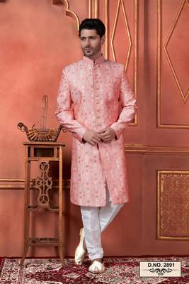 men pink computer thread work on art silk sherwani set 1
