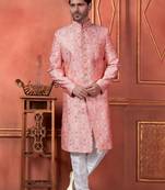 Men pink computer thread work on art silk sherwani set