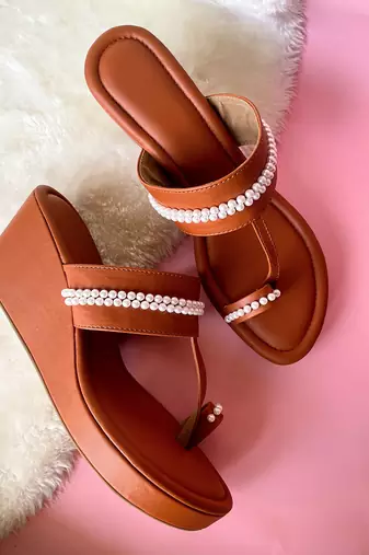 Tan pearl wedges