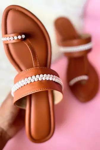 Tan pearl wedges