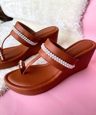 Tan pearl wedges 4