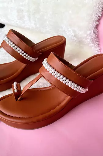 Tan pearl wedges