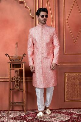 men pink computer thread work on art silk sherwani set 2