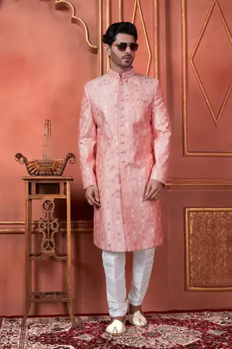 men pink computer thread work on art silk sherwani set