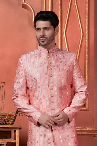 men pink computer thread work on art silk sherwani set