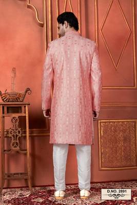 men pink computer thread work on art silk sherwani set 4