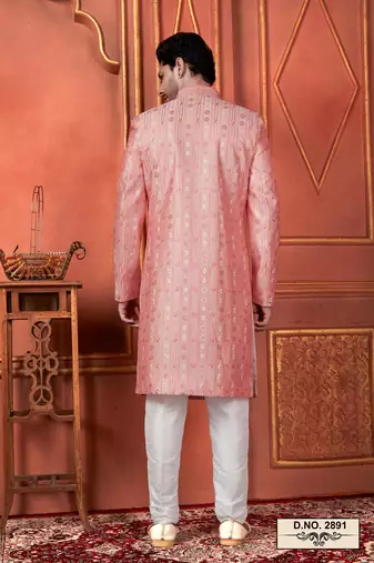 men pink computer thread work on art silk sherwani set