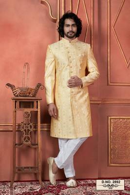 men yellow computer thread work on art silk sherwani set 1
