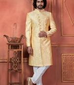 Men yellow computer thread work on art silk sherwani set