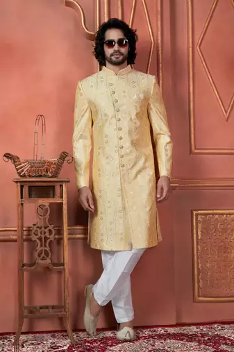 men yellow computer thread work on art silk sherwani set