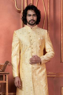 men yellow computer thread work on art silk sherwani set 3