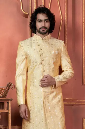 men yellow computer thread work on art silk sherwani set