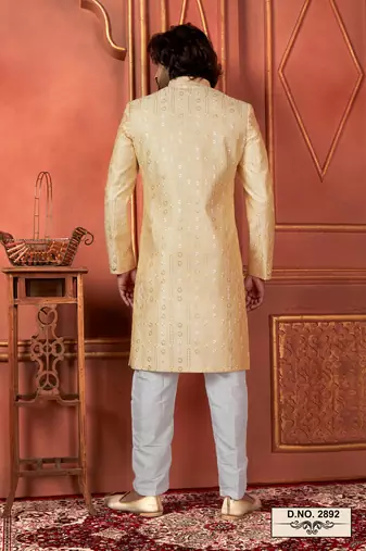 men yellow computer thread work on art silk sherwani set