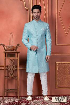 men blue computer thread work on art silk sherwani set 1