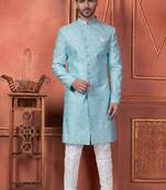 Men blue computer thread work on art silk sherwani set